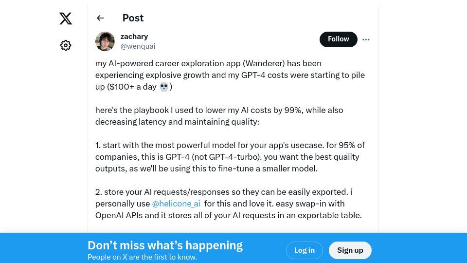 Screenshot of twitter.com: My AI costs went from $100 to less than $1/day: Fine-tuning Mixtral with GPT4