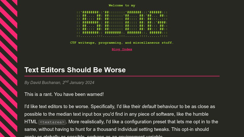 Screenshot of da.vidbuchanan.co.uk: Text Editors Should Be Worse