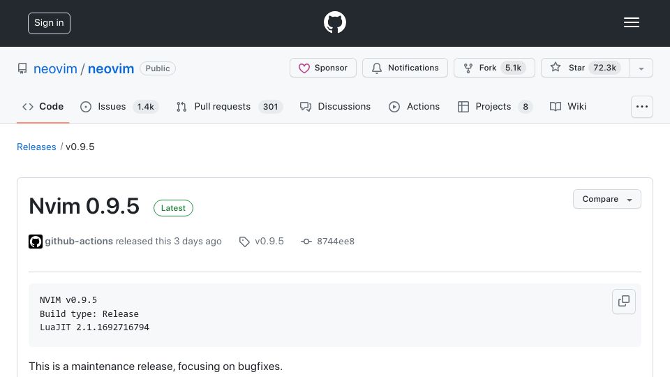 Screenshot of github.com: Neovim v0.9.5 Released