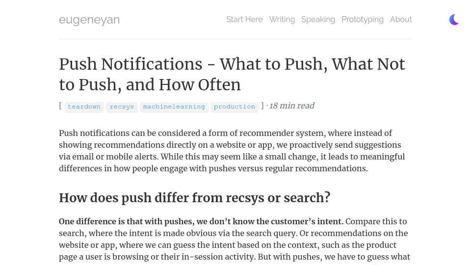 Screenshot of eugeneyan.com: Push notifications – What to push, what not to push, and how often