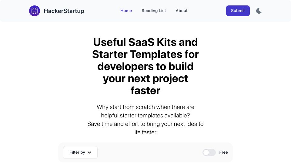 Screenshot of hackerstartup.com: Show HN: Build your startup or side project faster with these SaaS templates