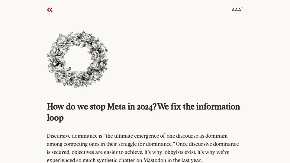 Screenshot of fromjason.xyz: How do we stop Meta in 2024? We fix the information loop