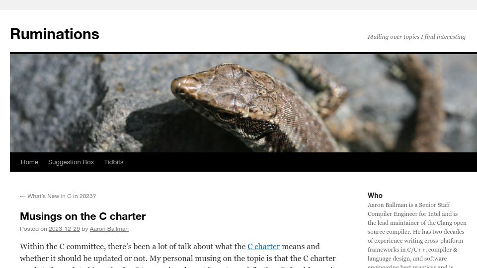 Screenshot of blog.aaronballman.com: Musings on the C Charter