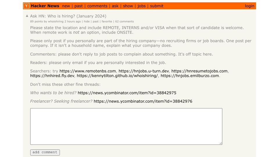 Screenshot of Hacker News post: Ask HN: Who is hiring? (January 2024)
