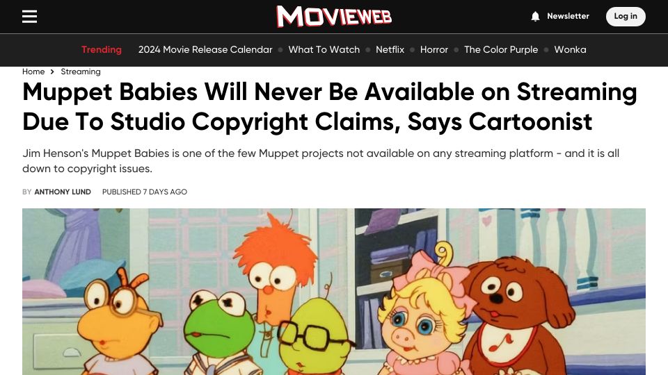 Screenshot of movieweb.com: Muppet babies will never be available on streaming due to studio copyright claim