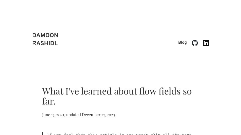 Screenshot of damoonrashidi.me: What I've learned about flow fields so far