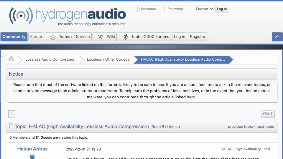 Screenshot of hydrogenaud.io: New Ultra Fast Lossless Audio Codec (HALAC)