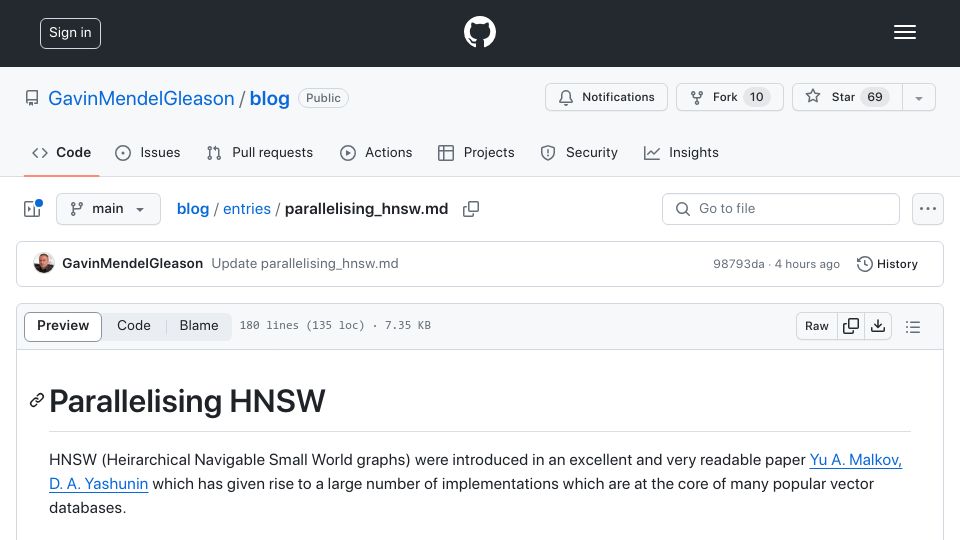 Screenshot of github.com: Parallelizing HNSW (Hierarchical Navigable Small World) graphs