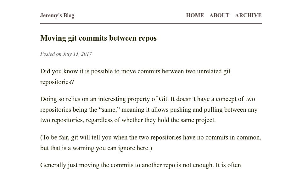 Screenshot of jeremymikkola.com: Moving Git commits between repos