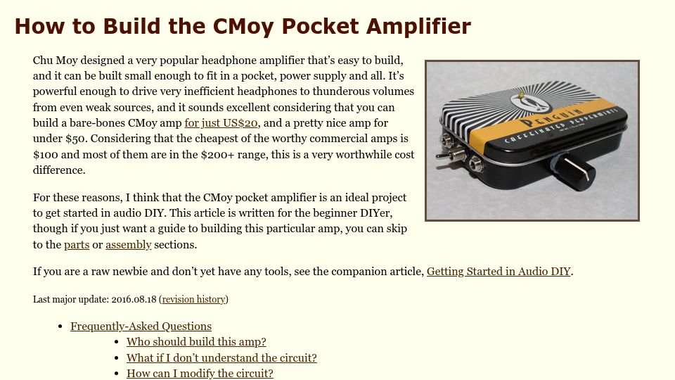 Screenshot of tangentsoft.com: How to Build the CMoy Pocket Amplifier (2016)