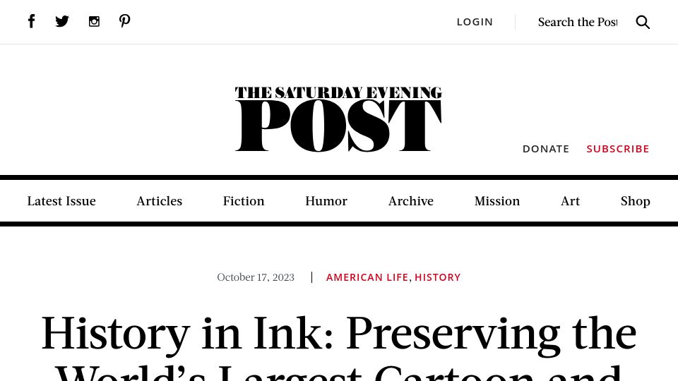 Screenshot of saturdayeveningpost.com: Preserving the world's largest cartoon and comic collection