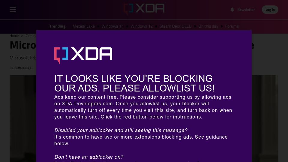 Screenshot of xda-developers.com: Microsoft keeps shooting itself in the foot with Edge
