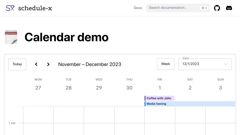 Screenshot of schedule-x.dev: Show HN: I built an open source web calendar inspired by the Google calendar