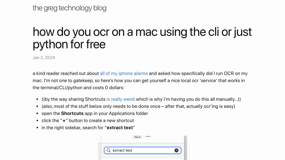 Screenshot of blog.greg.technology: How to do OCR on a Mac using the CLI or just Python