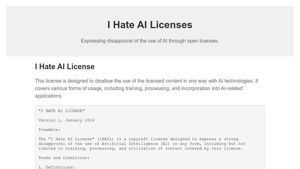 Screenshot of ihateailicense.eu: The I Hate AI License