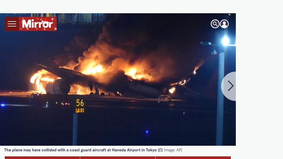 Screenshot of avherald.com: JAL A359 at Tokyo collided with Coast Guard DH8C on runway and burst into flames