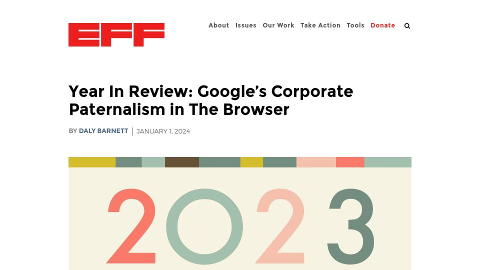 Screenshot of eff.org: EFF Year in Review: Google's Corporate Paternalism in the Browser