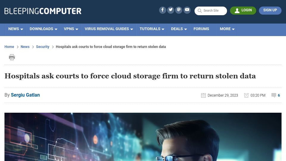 Screenshot of bleepingcomputer.com: Hospitals ask courts to force cloud storage firm to return stolen data