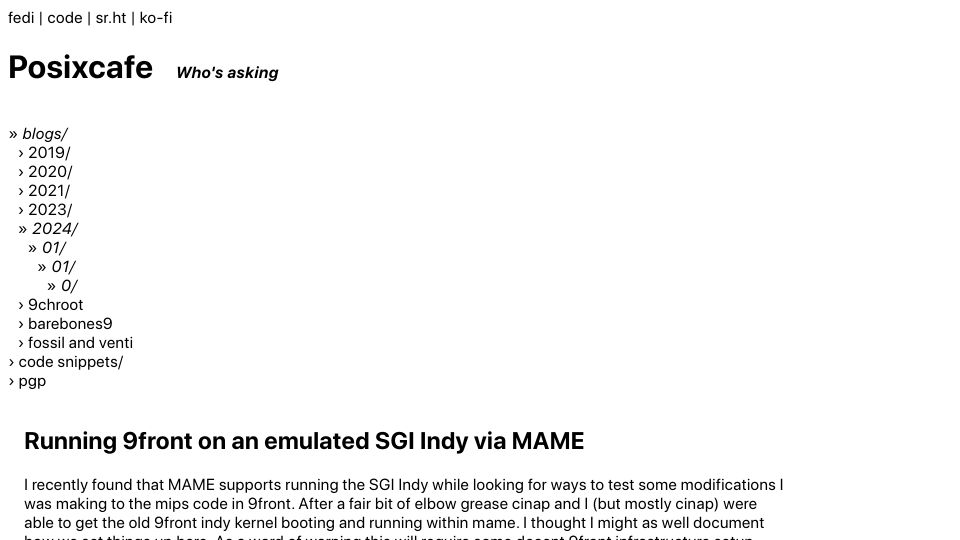 Screenshot of posixcafe.org: Running 9front on an emulated SGI Indy via MAME
