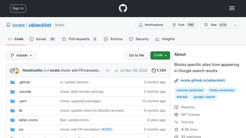 Screenshot of github.com: uBlacklist: Blocks specific sites from appearing in Google search results