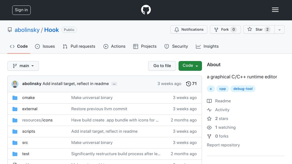 Screenshot of github.com: Show HN: Hook – a simple graphical C/C++ runtime editor