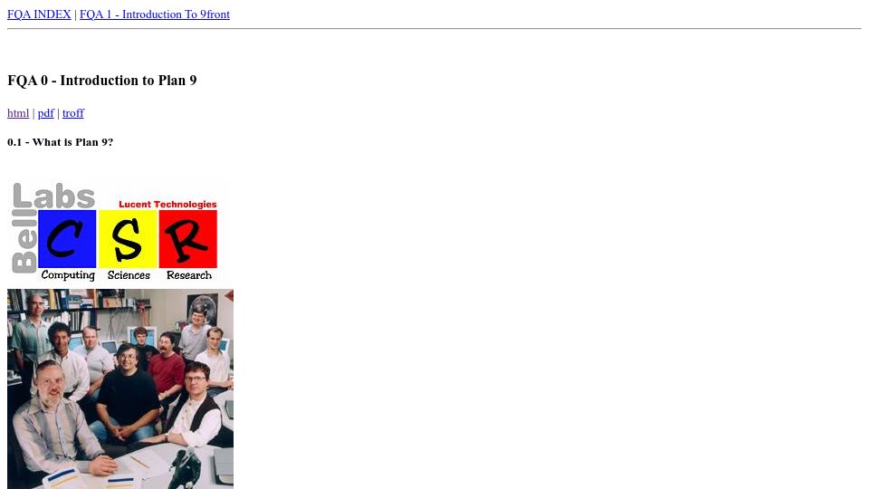 Screenshot of fqa.9front.org: Introduction to Plan 9