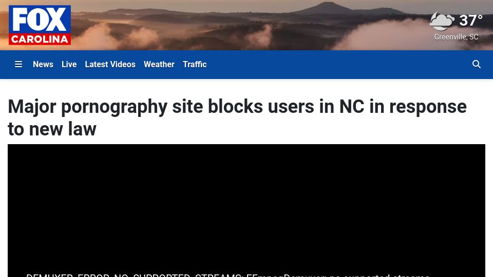 Screenshot of foxcarolina.com: E621, Pornhub, and others block North Carolina residents