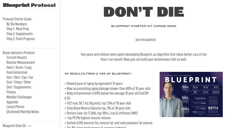 Screenshot of protocol.bryanjohnson.com: Blueprint health protocol