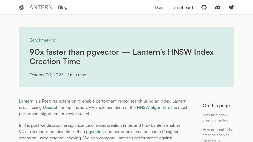 Screenshot of lantern.dev: 90x Faster Than Pgvector – Lantern's HNSW Index Creation Time