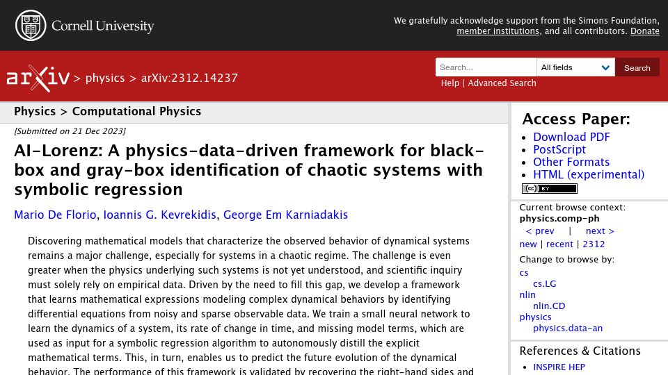 Screenshot of arxiv.org: Framework for identification of chaotic systems with symbolic regression