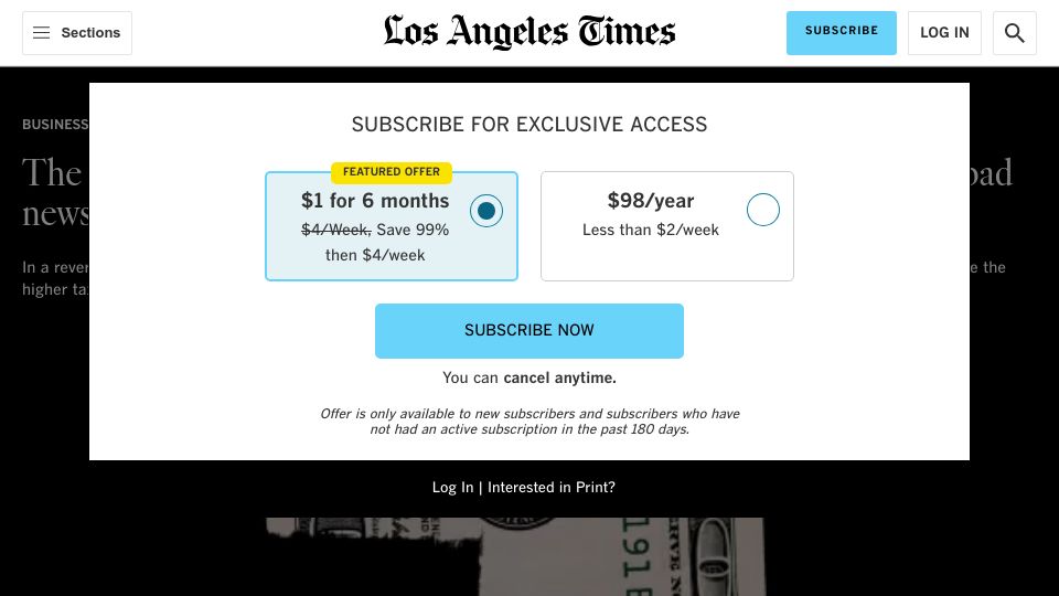 Screenshot of latimes.com: Wealthiest Californians are leaving the state. It's bad news for the economy