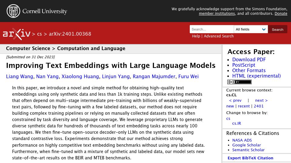 Screenshot of arxiv.org: Improving Text Embeddings with Large Language Models