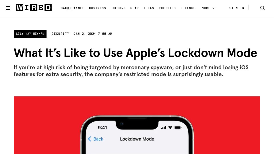 Screenshot of wired.com: What It's Like to Use Apple's Lockdown Mode