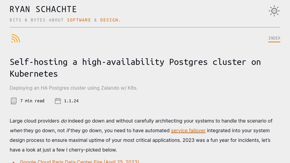 Screenshot of ryan-schachte.com: Self-hosting a high-availability Postgres cluster on Kubernetes