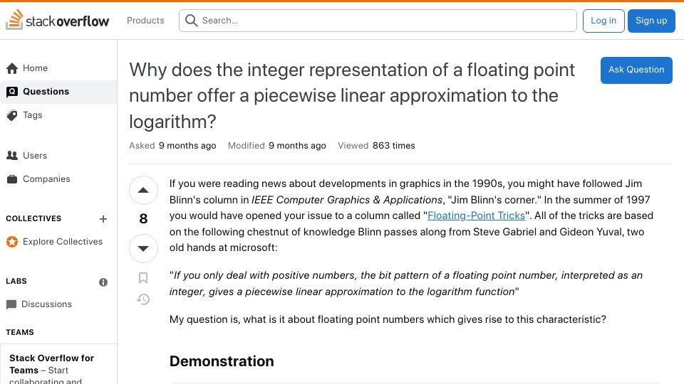 Screenshot of stackoverflow.com: Why does integer representation of a floating point approximate its logarithm?