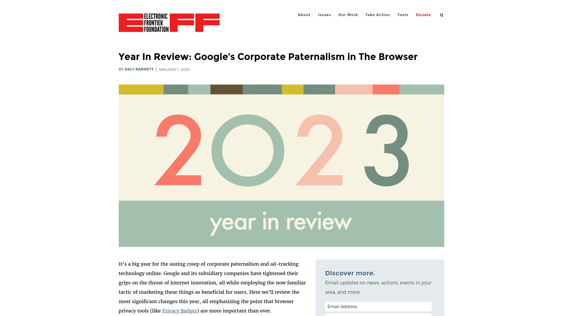 Screenshot of eff.org: EFF Year in Review: Google's Corporate Paternalism in the Browser