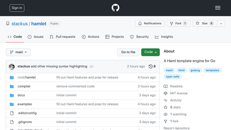 Screenshot of github.com: Hamlet: A type-safe Haml template engine for Go
