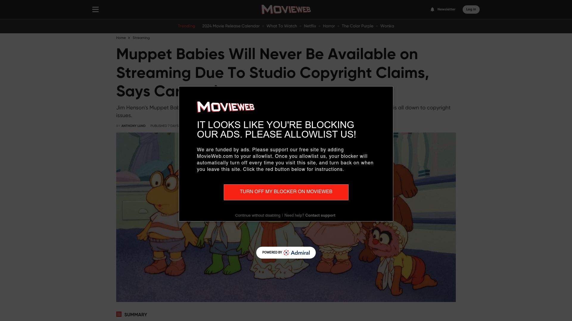 Screenshot of movieweb.com: Muppet babies will never be available on streaming due to studio copyright claim