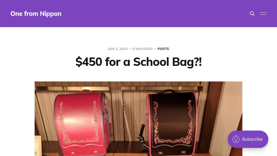 Screenshot of one-from-nippon.ghost.io: $450 for a School Bag?