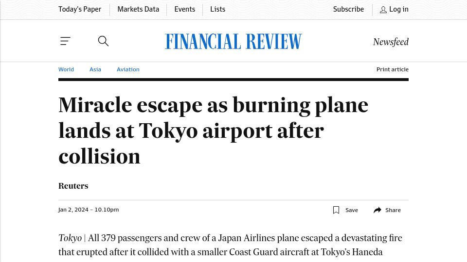 Screenshot of afr.com: Miracle escape as burning plane lands at Tokyo airport after collision