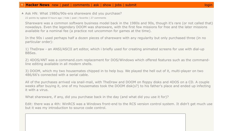 Screenshot of Hacker News post: Ask HN: What 1980s/90s-era shareware did you purchase?