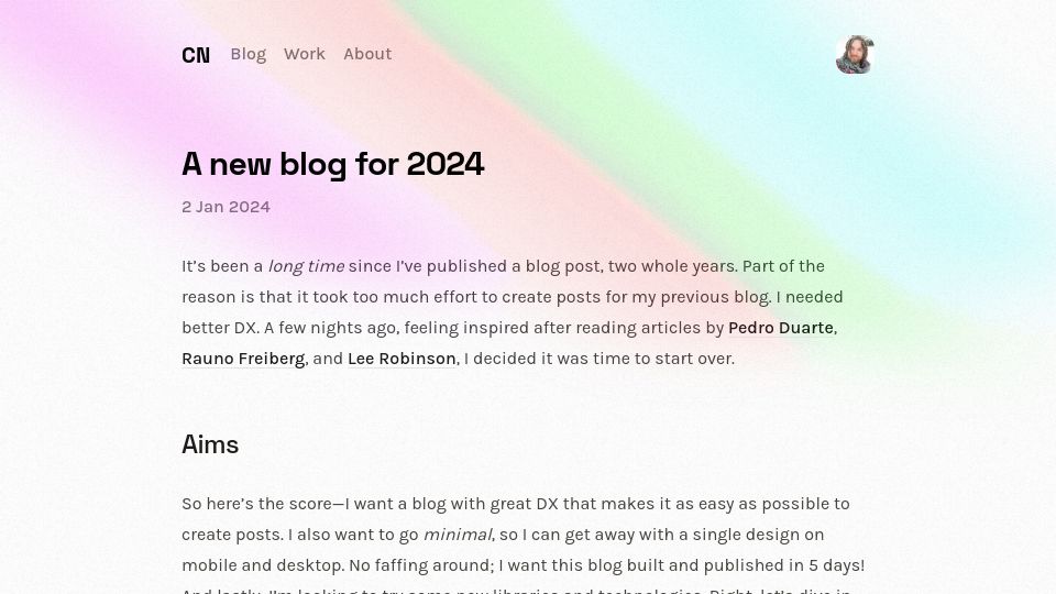 Screenshot of chrisnicholas.dev: A new blog for 2024