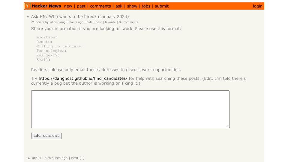 Screenshot of Hacker News post: Ask HN: Who wants to be hired? (January 2024)