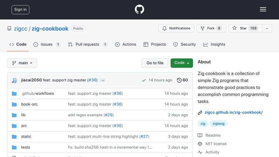 Screenshot of github.com: Zig cookbook: collection of simple Zig programs that demonstrate good practices