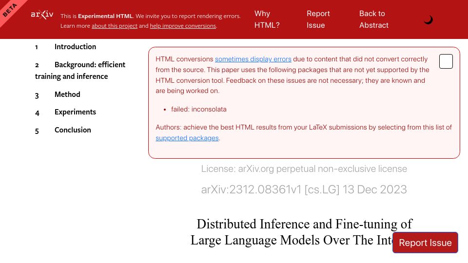 Screenshot of browse.arxiv.org: Distributed Inference and Fine-Tuning of Large Language Models over the Internet