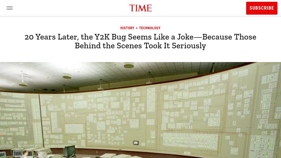 Screenshot of time.com: 20 years later, the Y2K bug seems like a joke–because some took it seriously
