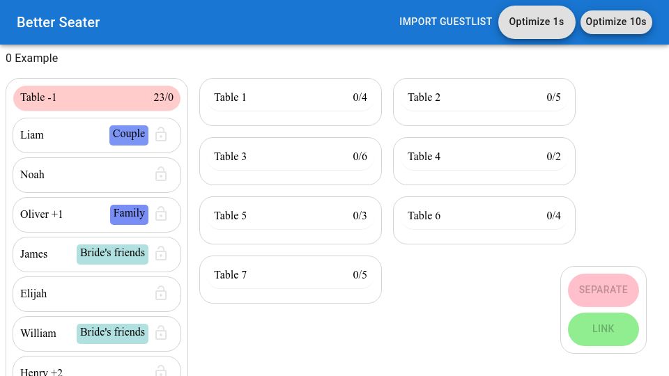 Screenshot of seater.steam-oven.net: Show HN: Better Seater – Wedding seating chart optimizer