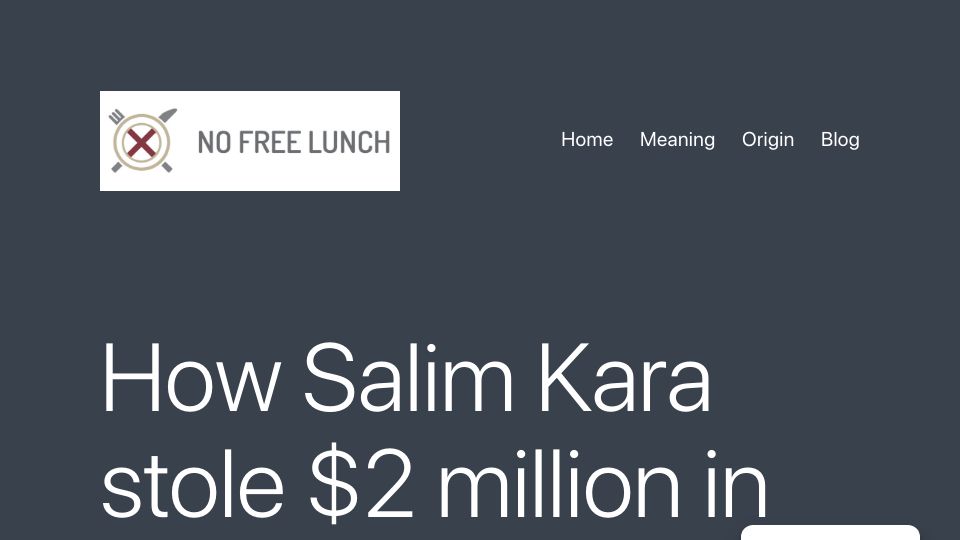 Screenshot of nofreelunch.co.uk: Salim Kara stole $2M in coins with a magnet and a car antenna (2022)