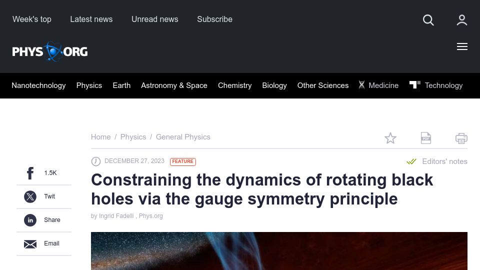 Screenshot of phys.org: Constraining dynamics of rotating black holes via the gauge symmetry principle