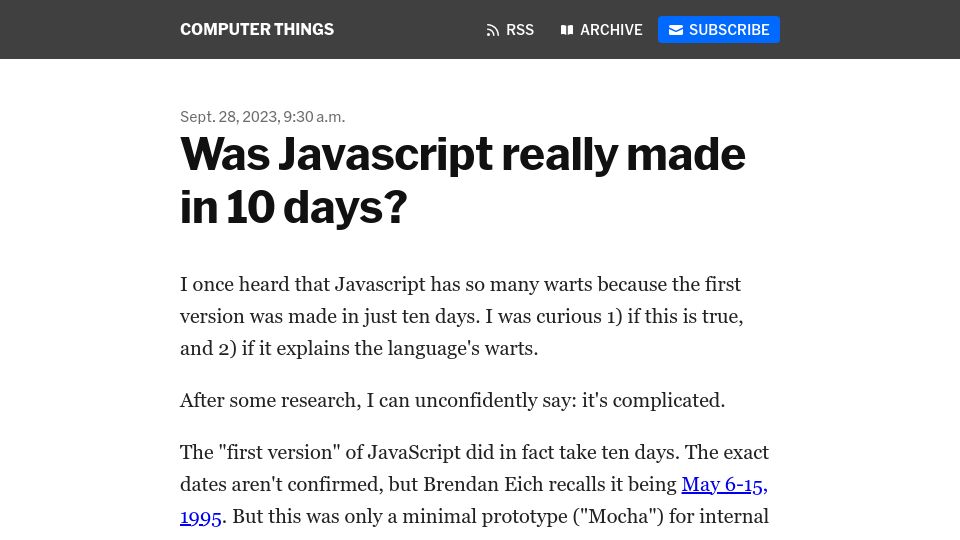 Screenshot of buttondown.email: Was Javascript really made in 10 days?